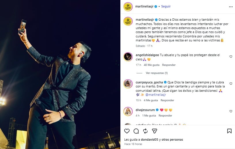 Martín Elías Jr. informó en sus redes sociales que está fuera de peligro porque no viajaba en el vehículo involucrado - crédito martineliasjr/IG