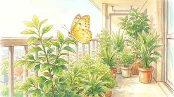 Ilustración de una mariposa amarilla en una hoja verde en un balcón. Varias plantas en macetas y vista urbana de fondo con cielo claro y luz brillante.