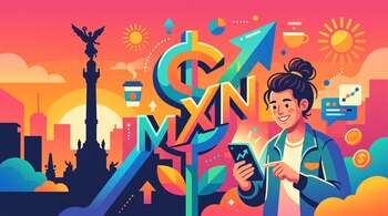 Ilustración de una persona que sostiene un teléfono, con el símbolo del dólar, las letras MXN y la silueta del Ángel de la Independencia.
