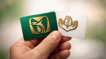 Una mano sostiene dos tarjetas rectangulares, una verde y otra blanca, con emblemas dorados en relieve.