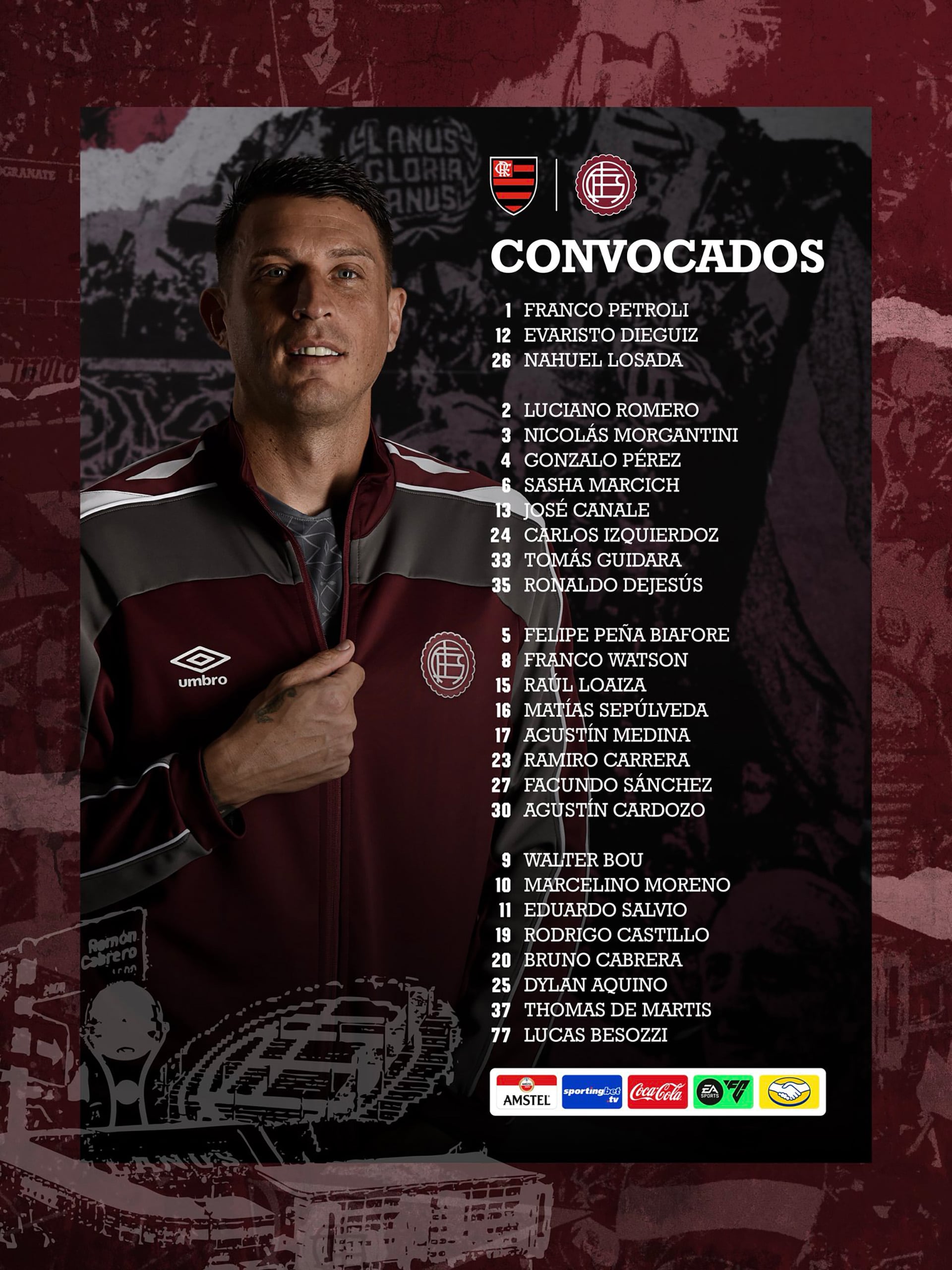 Um jogador do Lanús sorri ao revelar a lista completa dos convocados para a próxima partida, destacando os nomes que representarão a equipe.