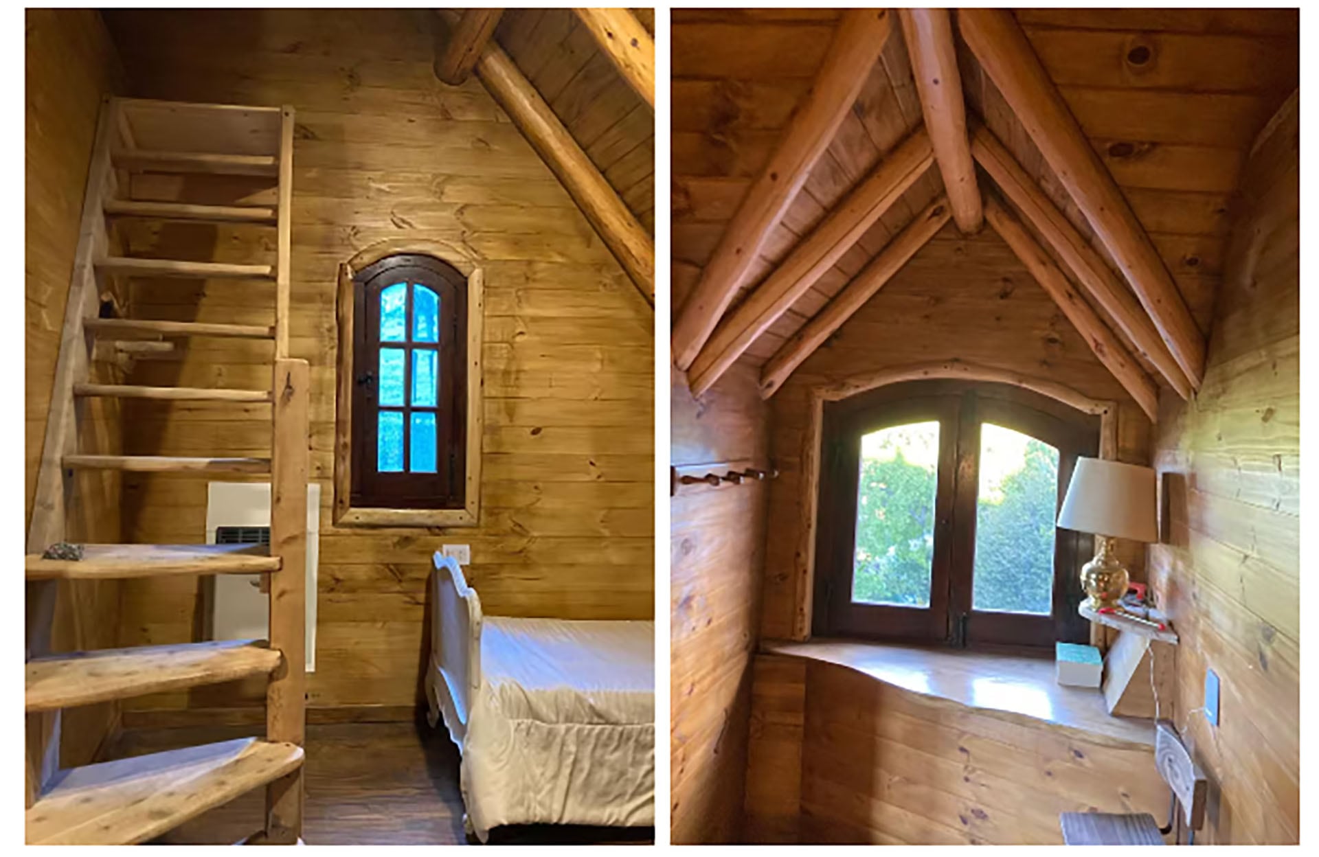 La cabaña tiene dos pisos y está íntegramente realizada en madera