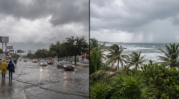 Imagen dividida: izquierda, calle urbana inundada con coches y personas bajo lluvia. Derecha, playa con palmeras, mar agitado y lluvia distante.