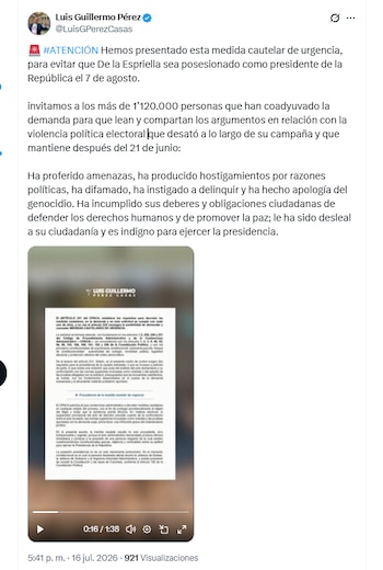 Luis Guillermo Pérez señaló al presidente electo Abelardo de la Espriella de haber hecho apología al genocidio - crédito @LuisGPerezCasas/X