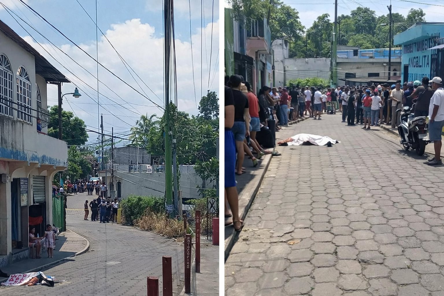 Un cuerpo cubierto con una tela blanca yace en una calle adoquinada, mientras una multitud de personas observa la escena. (Imagen Ilustrativa Infobae)