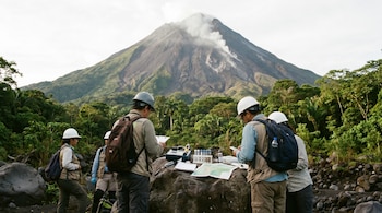 Un grupo de cuatro científicos con equipo de campo, incluyendo chalecos y cascos, examina instrumentos y mapas sobre una roca, frente a un gran volcán humeante y exuberante vegetación tropical.