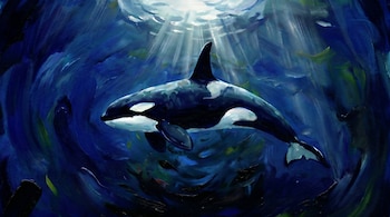 Pintura de una orca blanca y negra nadando en aguas profundas de tono azul oscuro, con rayos de luz solar descendiendo desde la superficie.