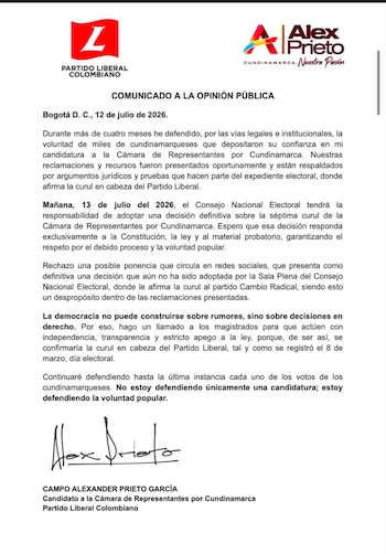 Alexander Prieto afirmó que los resultados del escrutinio y los documentos electorales respaldan que la curul debe permanecer en el Partido Liberal - crédito alexprieto.101 / Instagram