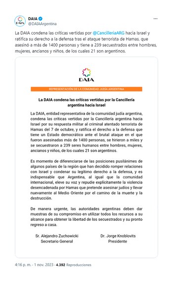 El comunicado de la DAIA