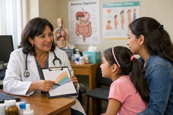 Una doctora peruana con estetoscopio explica un gráfico de crecimiento a una madre y su hija de 7-8 años en un consultorio pediátrico con pósters médicos.