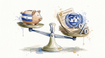 Una balanza sostiene una alcancía con la bandera de El Salvador y documentos con el símbolo del Fondo Monetario Internacional y un porcentaje.