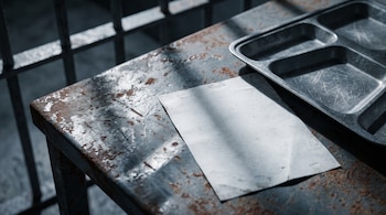 Un papel en blanco y una bandeja metálica compartimentada vacía sobre una mesa de metal oxidado con barrotes de celda al fondo.