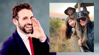 Composición. Rodrigo Gonzáles sonríe con mano a la boca (izquierda). A la derecha, Alejandra Baigorria, Said Palao y una niña en un vehículo de safari africano.