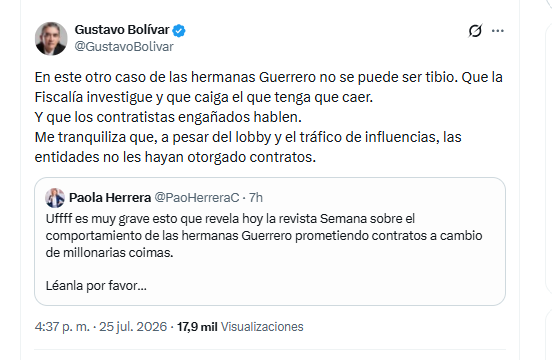 El exidirector del DPS Gustavo Bolívar pidió a que la Fiscalía investigue el presunto actuar delictivo de Juliana Guerrero - crédito @GustavoBolivar/X