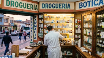 Un hombre con bata blanca de espaldas ante vitrinas con medicamentos en una droguería con letreros y vista a la calle.