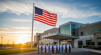 Bandera de Estados Unidos ondeando frente a un edificio de hospital moderno. Un grupo de diez médicos, hombres y mujeres, camina por una calle. Amanecer.