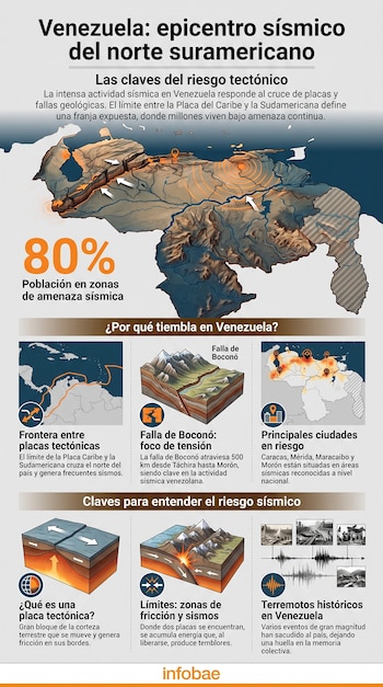 Infografía de Venezuela con mapa, fallas tectónicas, íconos de movimiento de placas, datos sobre riesgo sísmico y terremotos históricos.