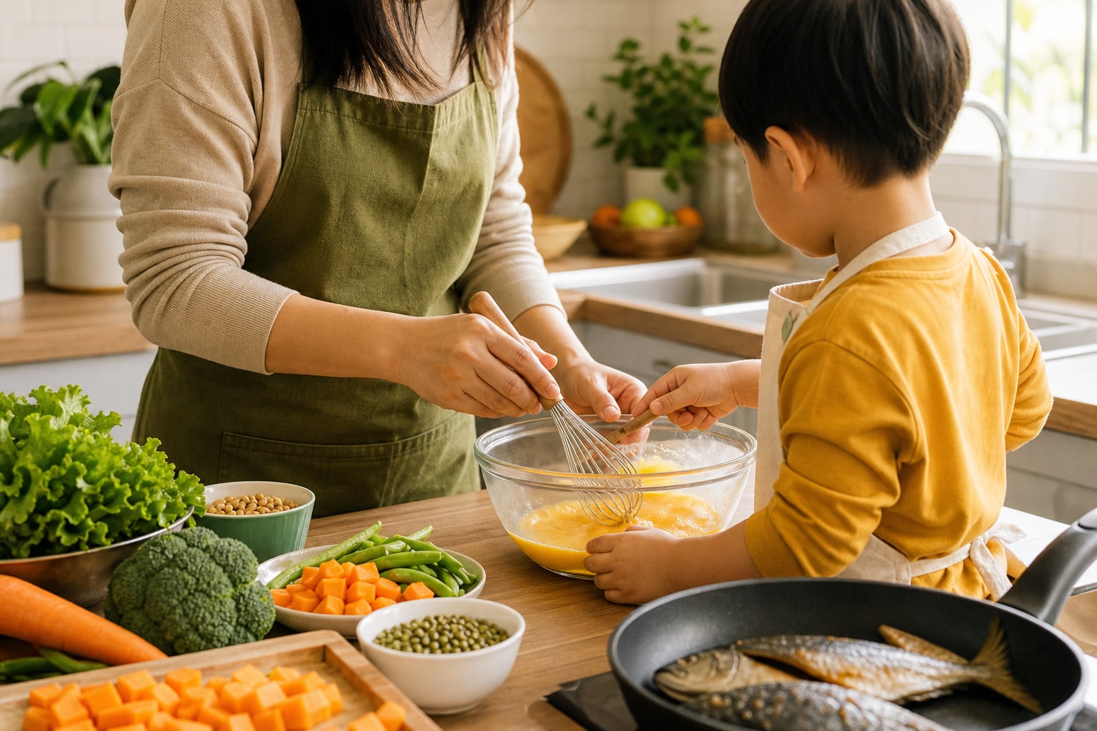 Una madre y su hijo baten huevos en un tazón de vidrio rodeados de verduras frescas durante la preparación de la comida en su casa. (Imagen Ilustrativa Infobae)