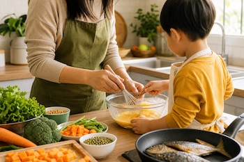 Una mujer y un niño baten huevos en un recipiente de vidrio junto a verduras cortadas y pescados en una sartén.