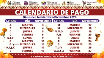 Tabla con un calendario de pagos organizado por letras y días de noviembre, con nombres de programas sociales y motivos de Día de Muertos