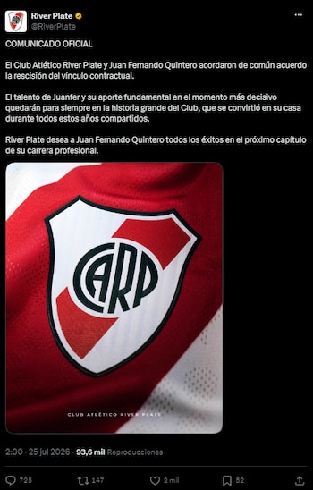 Juanfer Quintero rescindió contrato con River
