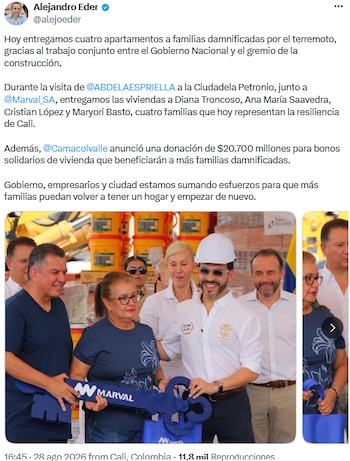Reconstrucción en Cali: entregan viviendas y anuncian millonaria ayuda para damnificados - crédito @alejoeder/X