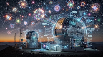 Vista hiperrealista de dos observatorios astronómicos bajo un cielo nocturno repleto de supernovas. Datos digitales y algoritmos de IA flotan en el aire alrededor de las estructuras.