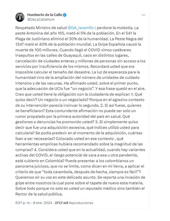 En X, el senador le pidió explicaciones al ministro de Salud - crédito @DeLaCalleHum/X