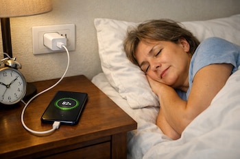 Mujer durmiendo en cama, almohada, mesita de noche, lámpara de mesa, despertador, teléfono móvil cargando al ochenta y dos por ciento, enchufe de pared.