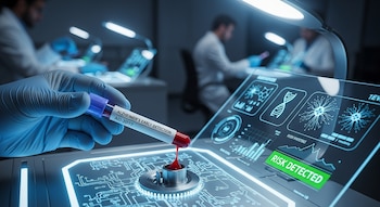 Una mano con guante azul sostiene un tubo de ensayo que gotea sangre sobre un dispositivo. Una pantalla muestra gráficos de ADN y neuronas con texto "RIESGO DETECTADO".