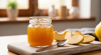 Un frasco de jalea de membrillo caliente con vapor, una cuchara de plata y rodajas de membrillo fresco sobre una tabla de madera en una cocina luminosa.
