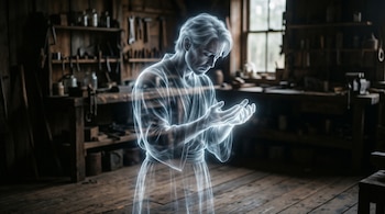Figura luminosa y transparente de un hombre con túnica que mira sus manos en un taller con estantes, bancos y herramientas de madera.