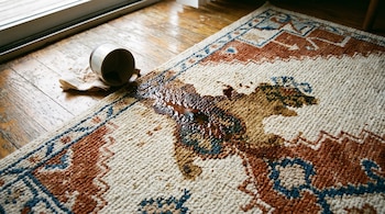 Mancha de café sobre una alfombra de lana con patrones. Una taza volcada y un trozo de papel marrón se encuentran en el suelo de madera.