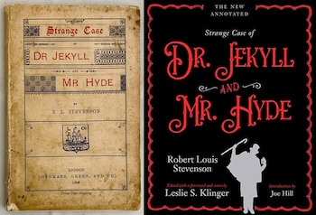 Dos portadas del libro El extraño caso del doctor Jekyll y el señor Hyde, una de 1886 en papel envejecido y otra moderna sobre fondo negro