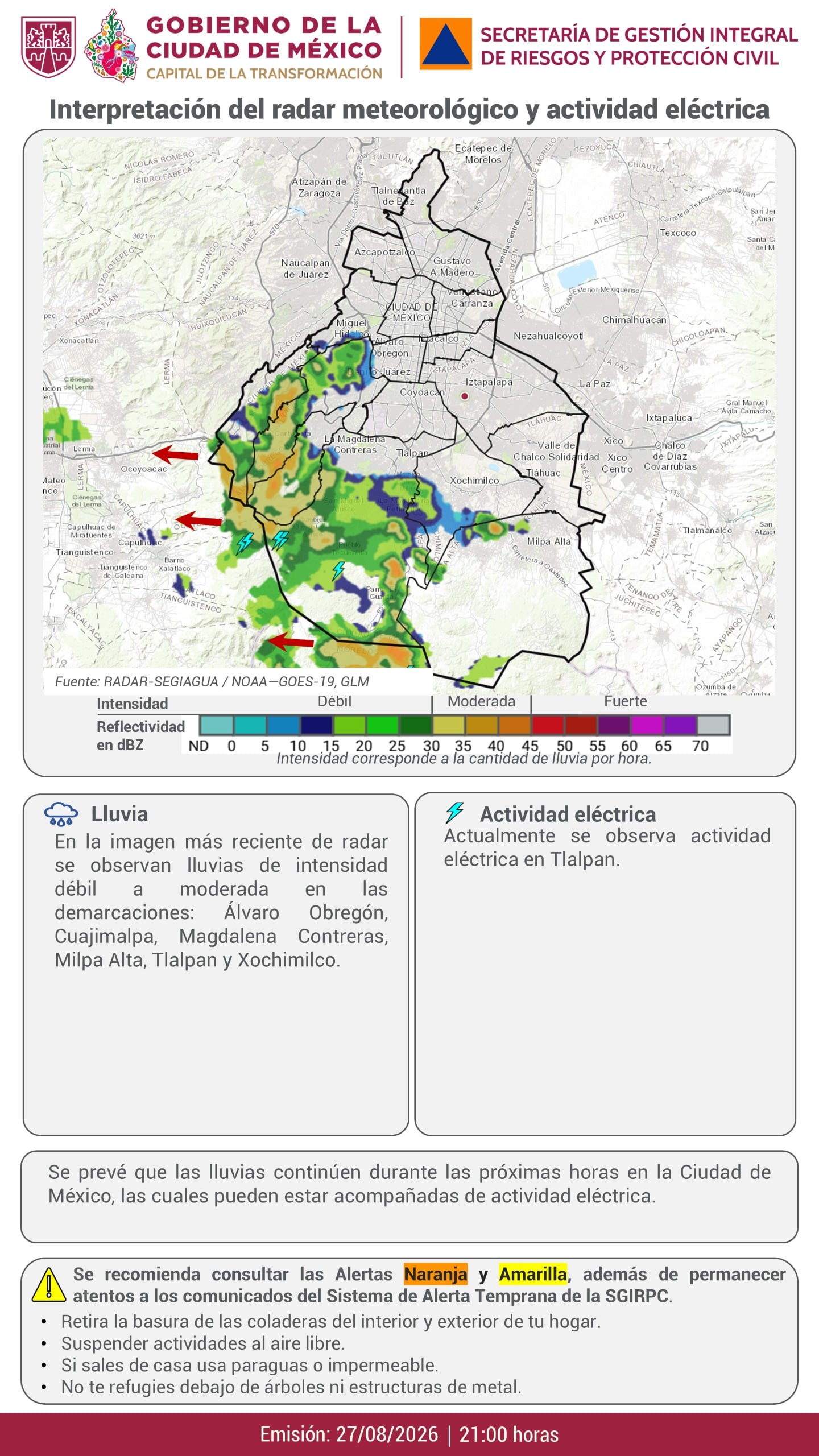 La Secretaría de Gestión Integral de Riesgos y PC de la Ciudad de México prevé lluvias débiles a moderadas en seis alcaldías del sur de CDMX durante las primeras horas de este viernes. (X: Secretaría de Gestión Integral de Riesgos y PC )