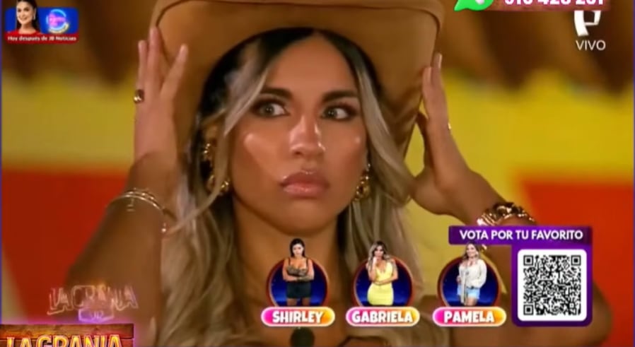 Gabriela Herrera muestra una expresión de asombro y preocupación tras escuchar el anuncio de Diego Chávarri sobre el término de su relación con Thalía Bentín en La Granja VIP.
