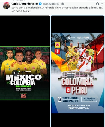 Post de Carlos Antonio Vélez sobre la presencia de James Rodríguez en los carteles promocionales de los partidos de la selección Colombia - crédito X
