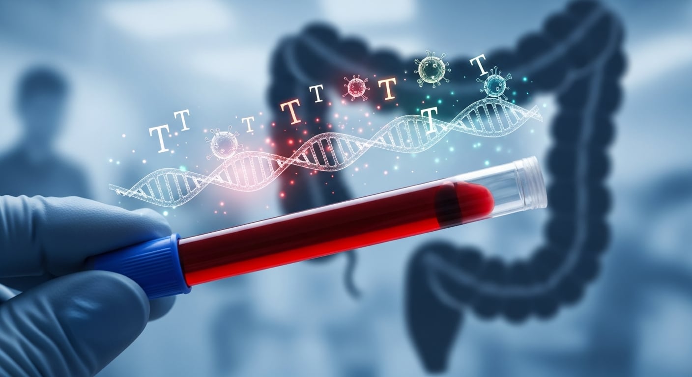 Una mano enguantada sostiene un tubo de ensayo con sangre, destacando cadenas de ADN y receptores T que brillan, simbolizando la detección temprana y precisa de enfermedades en un contexto biomédico. (Imagen Ilustrativa Infobae)