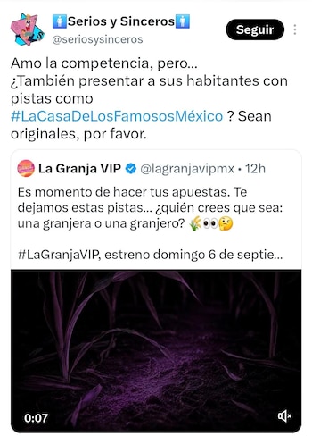 Captura de pantalla con dos publicaciones de redes sociales. La primera de 'Serios y Sinceros' y la segunda de 'La Granja VIP', que incluye un video oscuro con plantas moradas