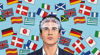 Ilustración de la cabeza de un hombre con un cerebro brillante, rodeado de numerosas banderas nacionales conectadas por rayos de luz sobre un fondo azul claro.