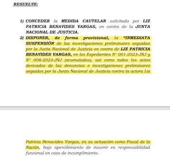 Medida cautelar a favor de Patricia Benavides.