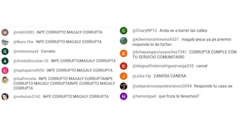 Captura de pantalla de comentarios de redes sociales. Se leen nombres de usuario y mensajes críticos hacia Magaly Medina, con referencias a INPE y Jefferson Farfán