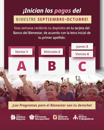 El Programa de Madres Trabajadoras entregará mil 650 pesos correspondientes al bimestre septiembre-octubre de 2026, conforme a un calendario organizado por apellido
