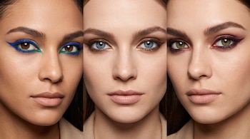 Tres primeros planos de rostros con ojos de color café, azul y verde, maquillados con delineadores de tonos azul, dorado y ciruela.