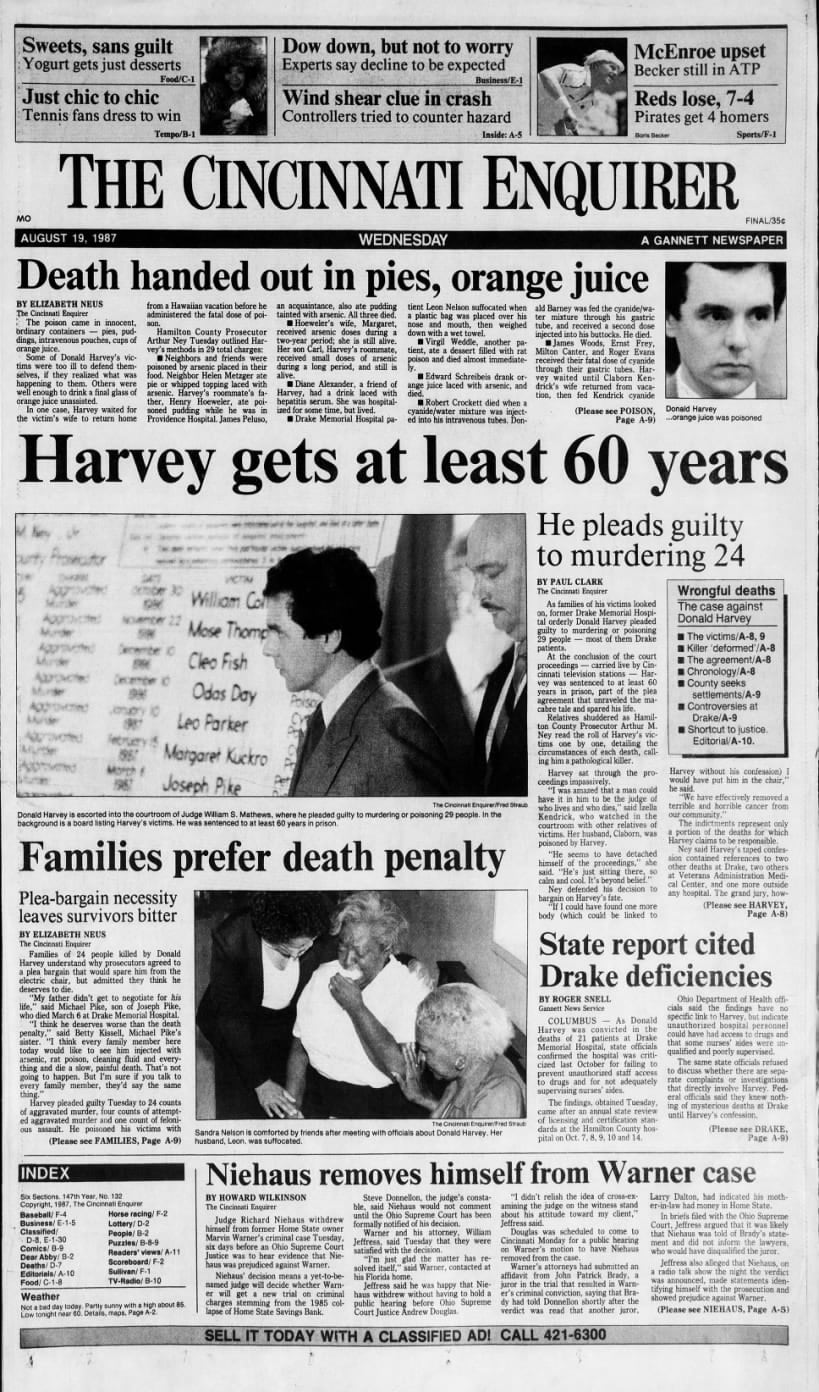 La cobertura del diario The Cincinnati Enquirer sobre la condena de Donald Harvey, quien asesinó al menos a 70 personas mientras trabajaba en hospitales de Ohio y Kentucky