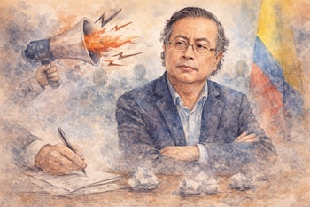 Pintura en acuarela de Gustavo Petro con brazos cruzados. Un megáfono con llamas y relámpagos a la izquierda. La bandera de Colombia a la derecha. Una mano escribe, con papeles arrugados.