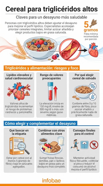 Infografía con ilustraciones de cereales, un corazón, tubos de ensayo, una caja con lupa y símbolos de hábitos saludables.