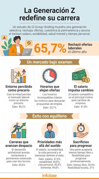 Infografía con datos sobre empleo juvenil, ilustrada con porcentajes, un reloj, billetes de dinero, un gráfico ascendente y personas.