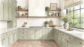 Cocina ilustrada con gabinetes verdes, encimeras blancas, suelo de baldosas y alfombra. Hay estantes con libros, plantas, jarrones, un cuadro y una ventana grande.