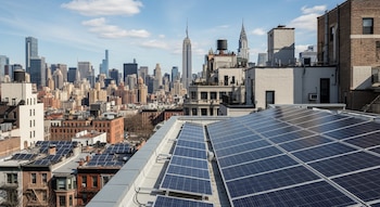 Painéis solares instalados nos telhados de edifícios em Nova York, com o horizonte da cidade, incluindo o Empire State Building, ao fundo.